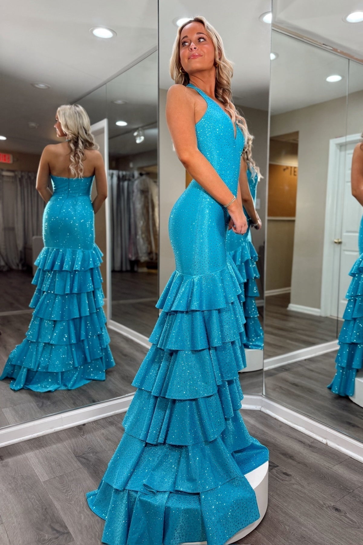 Sparkly Mermaid Halter Neck Blue Long Prom Dress with Beading Ruffles