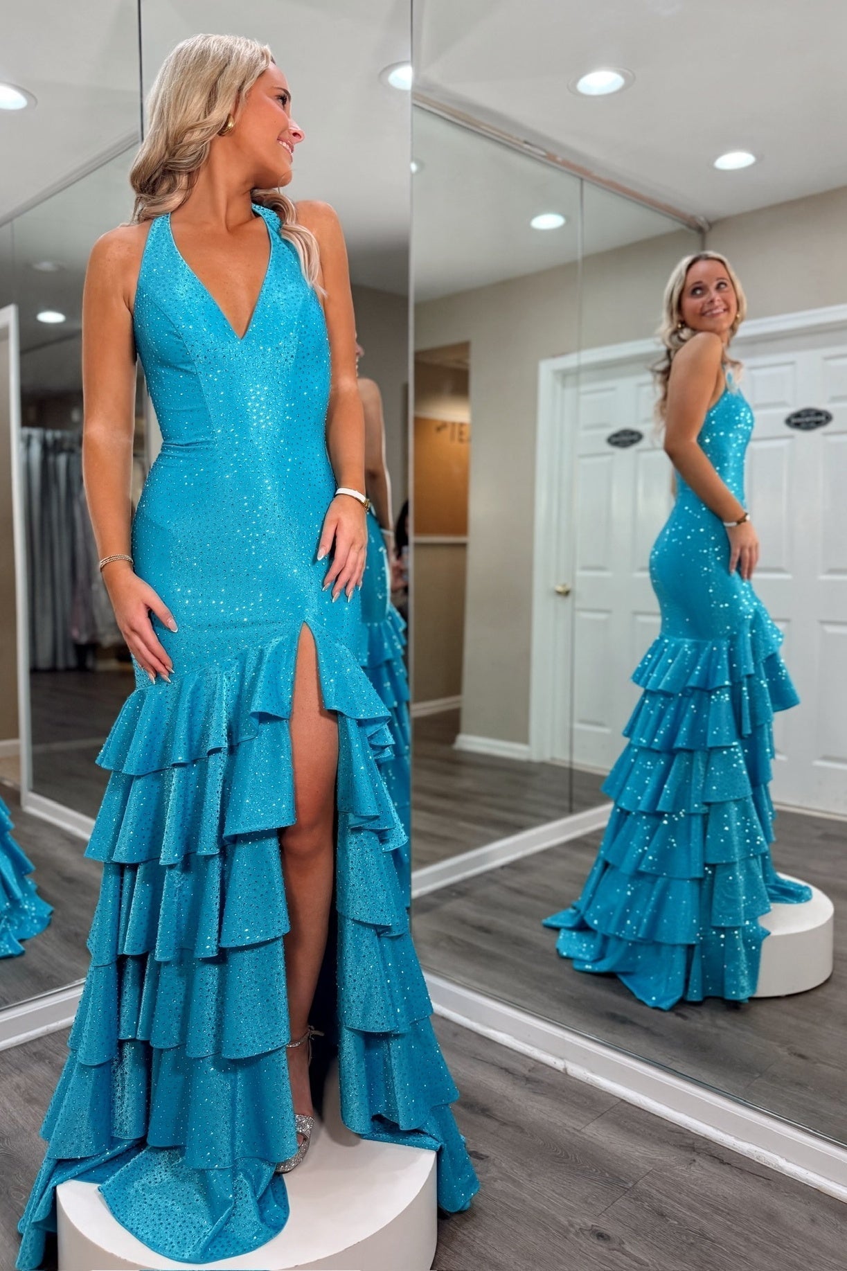 Sparkly Mermaid Halter Neck Blue Long Prom Dress with Beading Ruffles