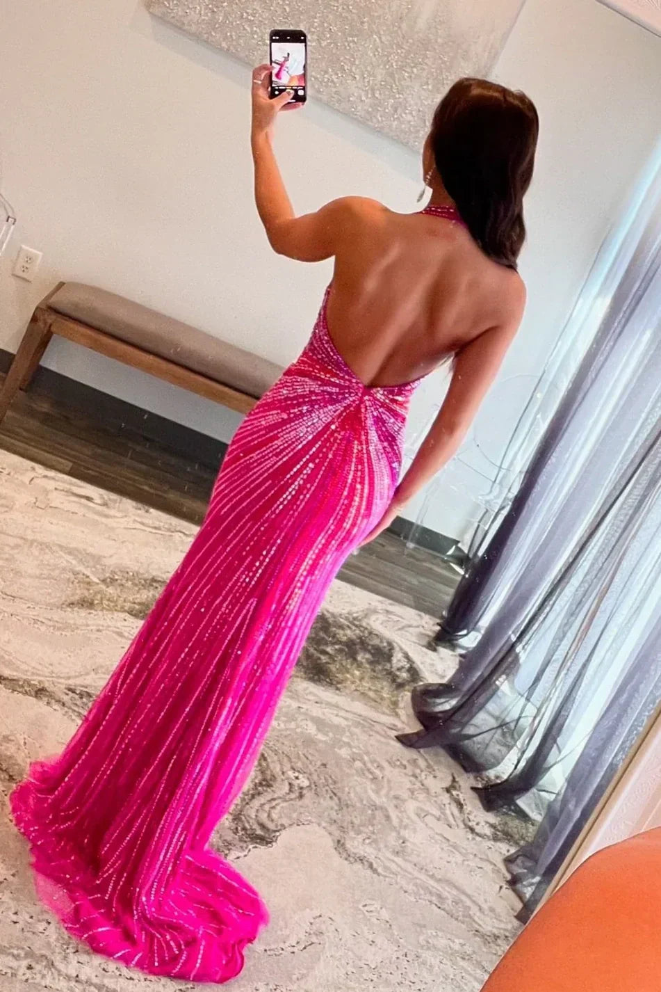 Sparkly Mermaid Halter Neck Fuchsia Long Prom Dress with Beading