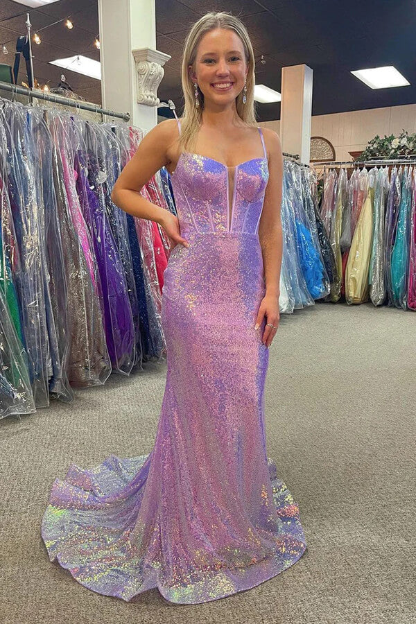 Sparkly Mermaid Spaghetti Straps V-neck Long Prom Dresses With Train - VelvetHem