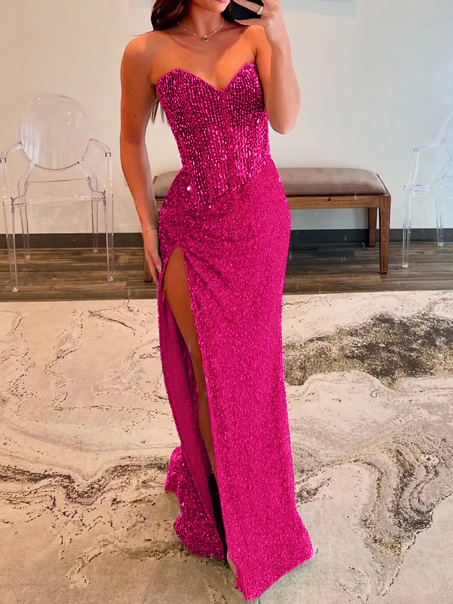 Sparkly Mermaid Strapless Corset Sequins Long Prom Dress with Slit