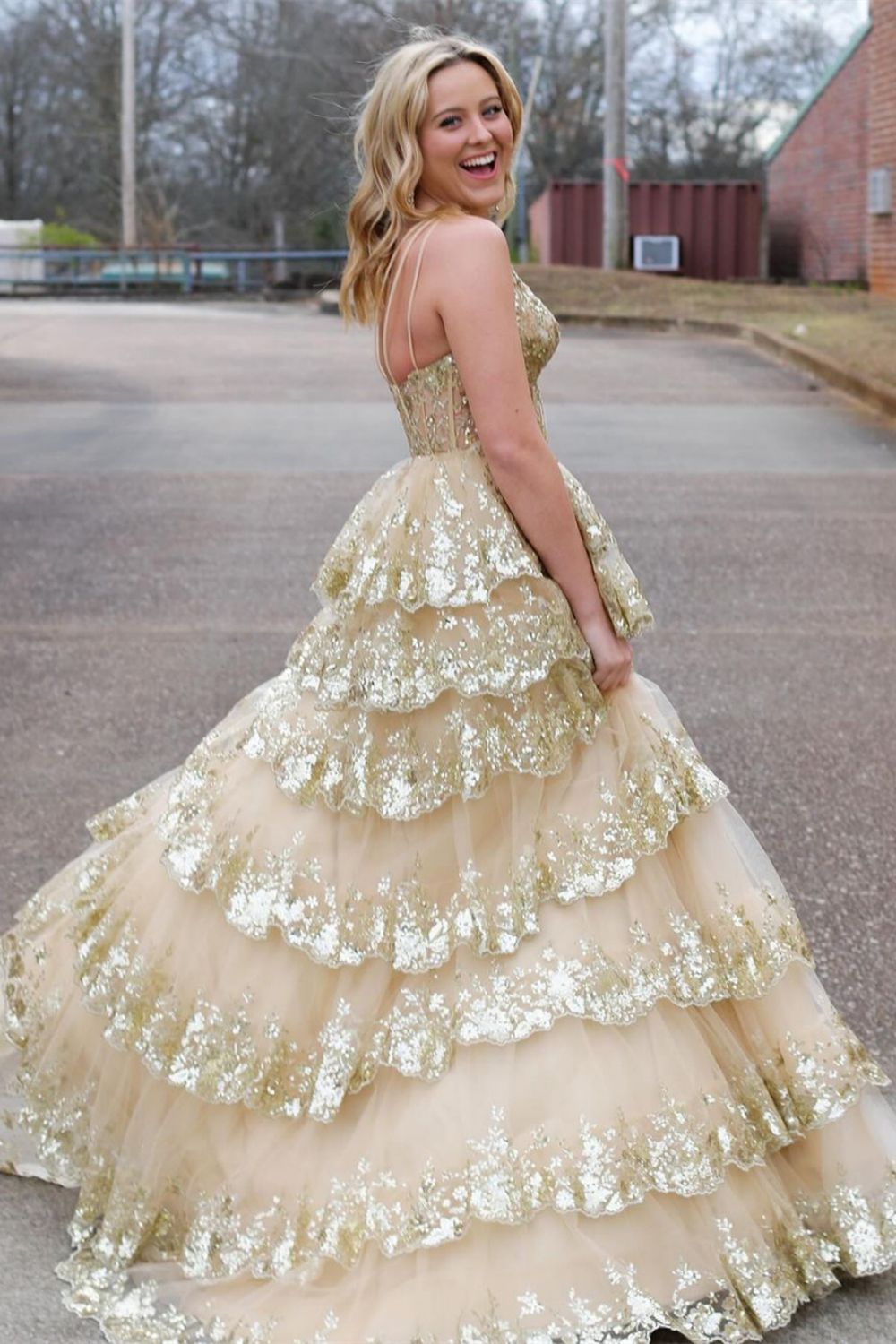 Sparkly One Shoulder A-Line Sweep Train Tiered Prom Dress with Split