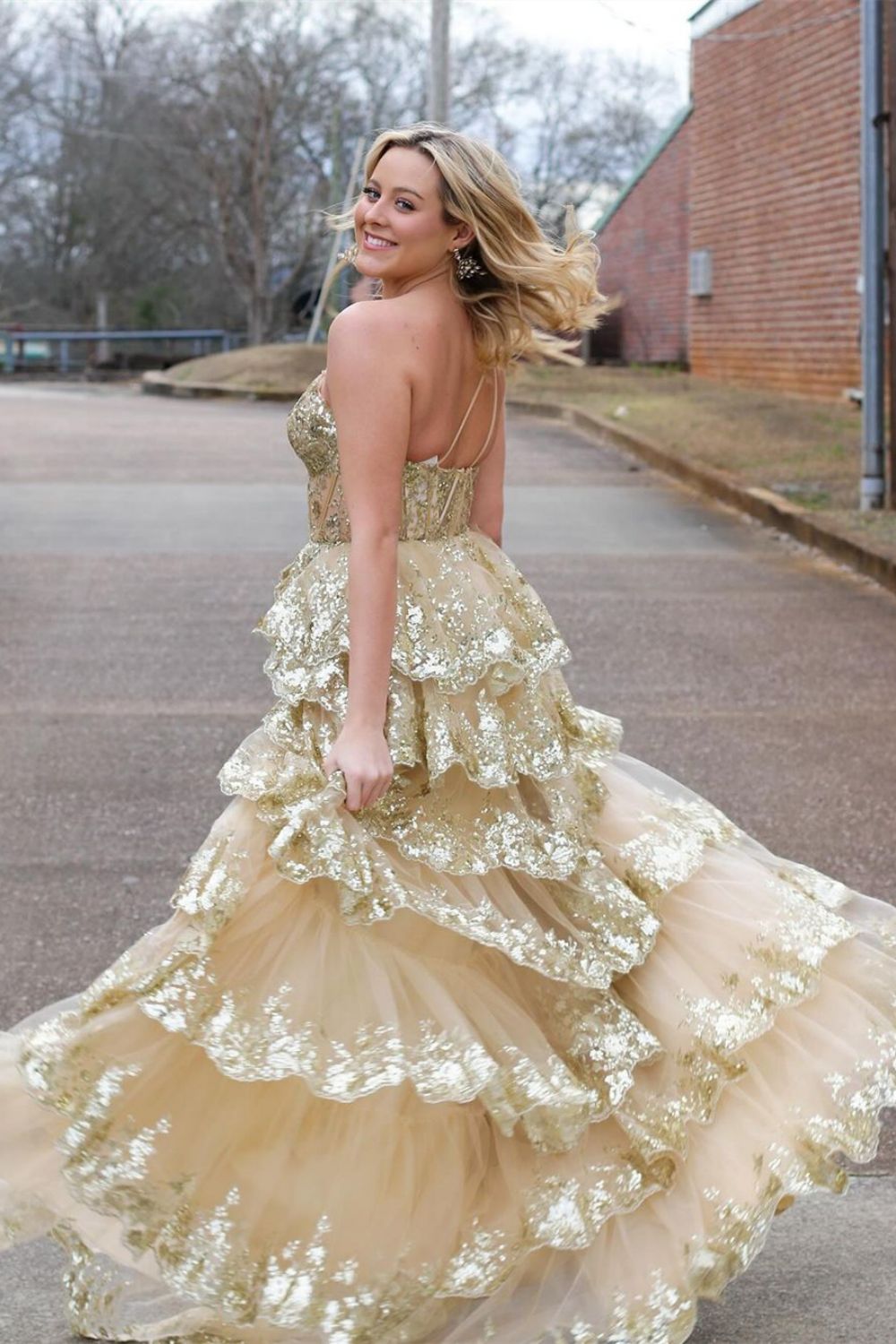 Sparkly One Shoulder A-Line Sweep Train Tiered Prom Dress with Split