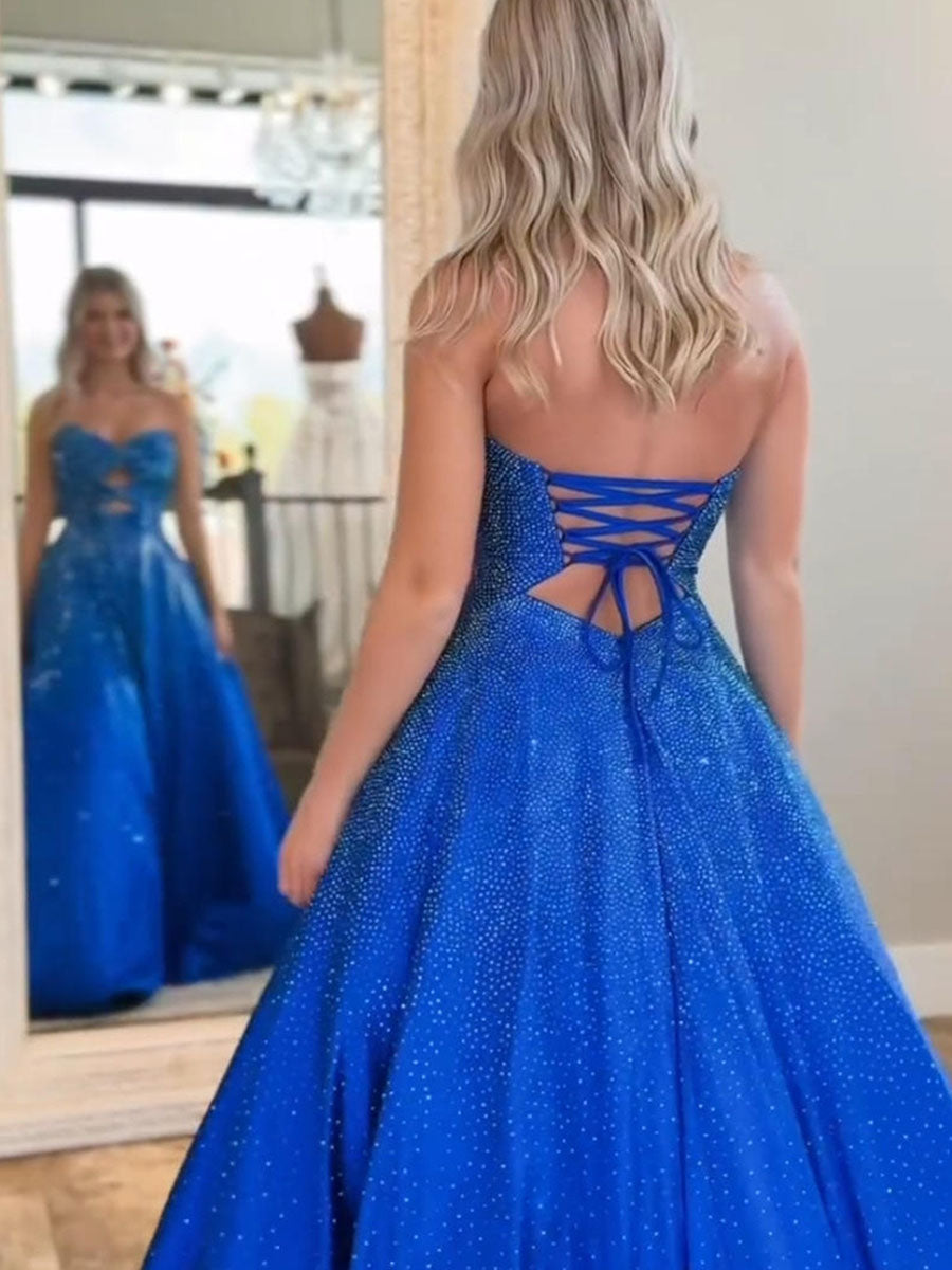 Sparkly A Line Cut Out Sweetheart Long Prom Dress with Beading