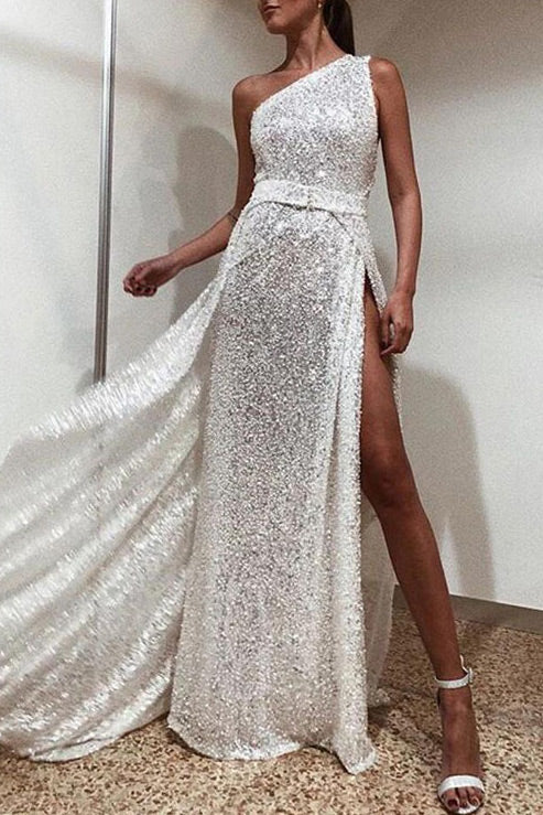 Sparkly Sexy One Shoulder Slit Prom Dress - Fashionpara