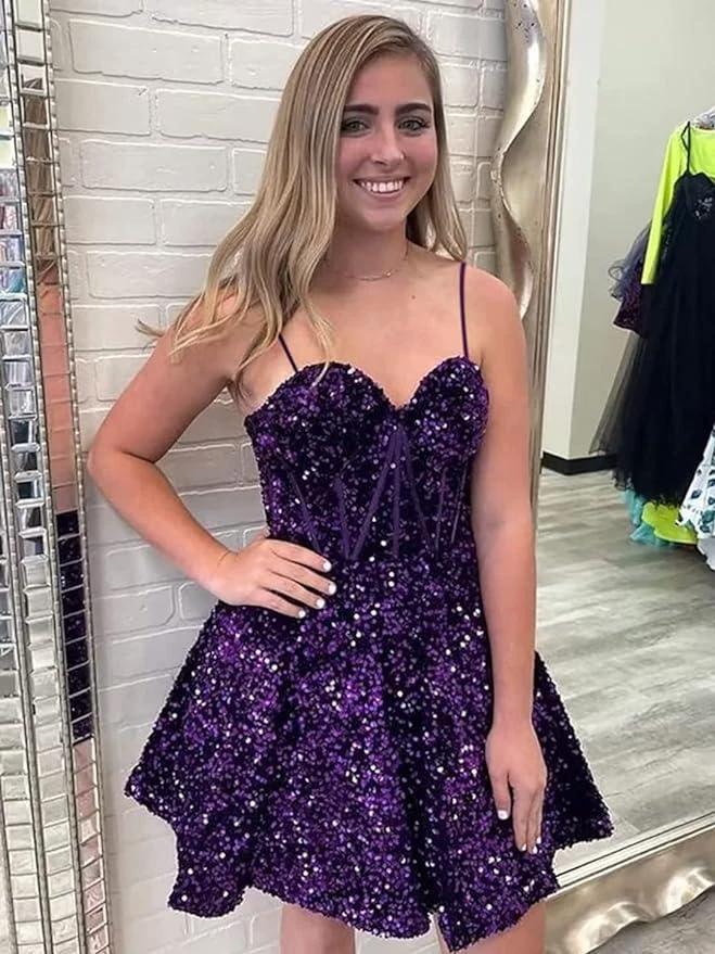 A line spaghetti strap prom dress short prom dresses sequin SYH94 by vivymakudress
