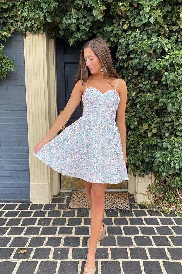 A line spaghetti strap prom dress short prom dresses sequin SYH94 by vivymakudress