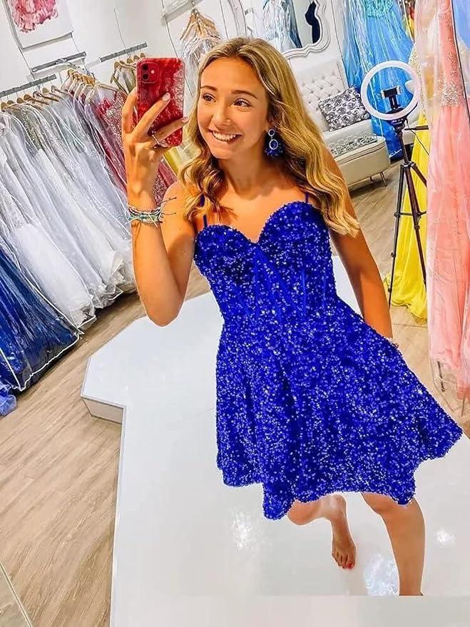 A line spaghetti strap prom dress short prom dresses sequin SYH94 by vivymakudress