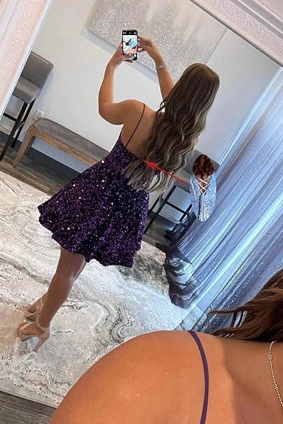 A line spaghetti strap prom dress short prom dresses sequin (ZD11707)