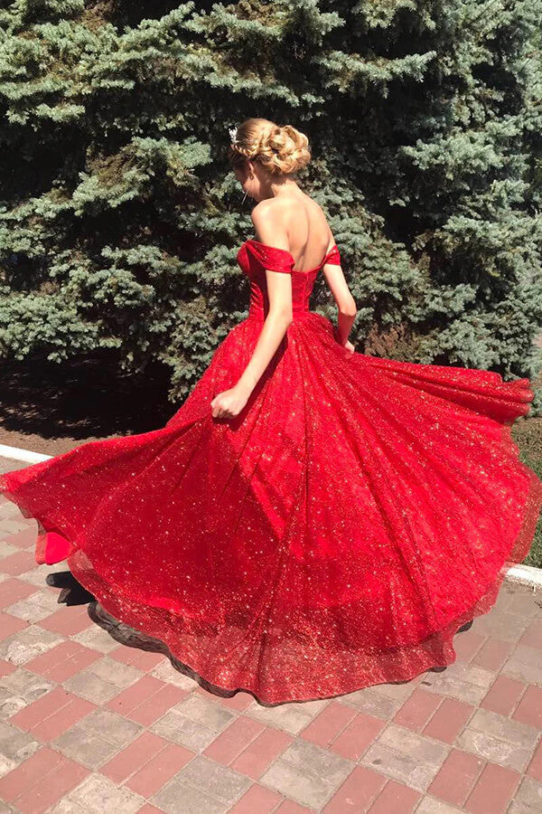 Tulle A-line Off Shoulder Long Prom Dresses, Evening Dresses - View 4 | VelvetHem