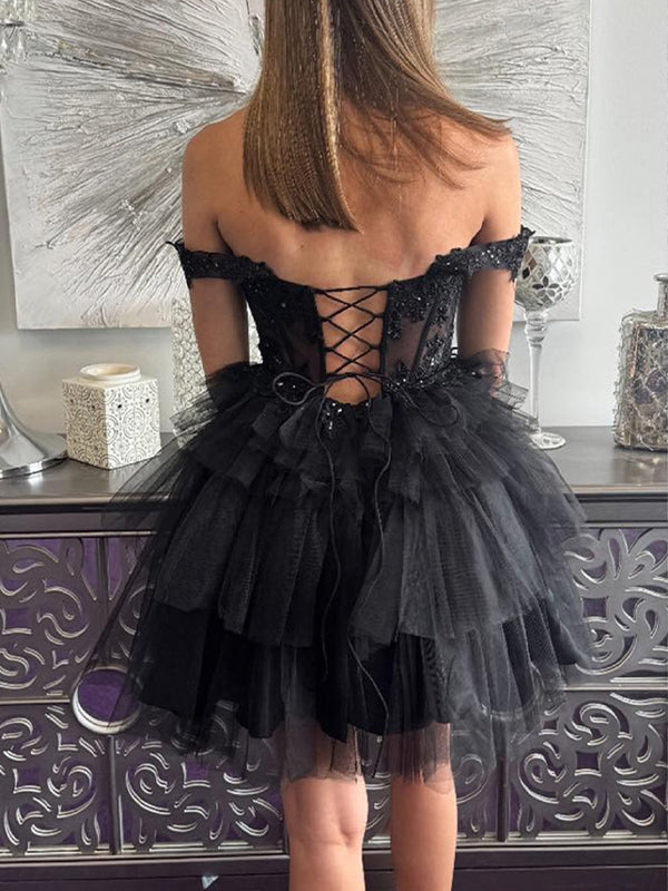 Sparkly Ruffled Tulle Short Corset Homecoming Dress with Lace