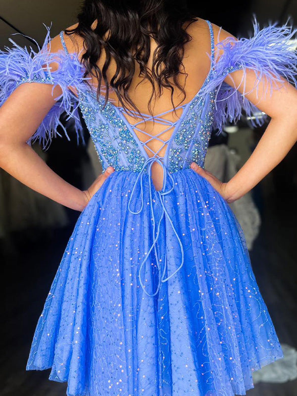 Sparkly A Line V Neck Tulle Short Homecoming Dress with Feather