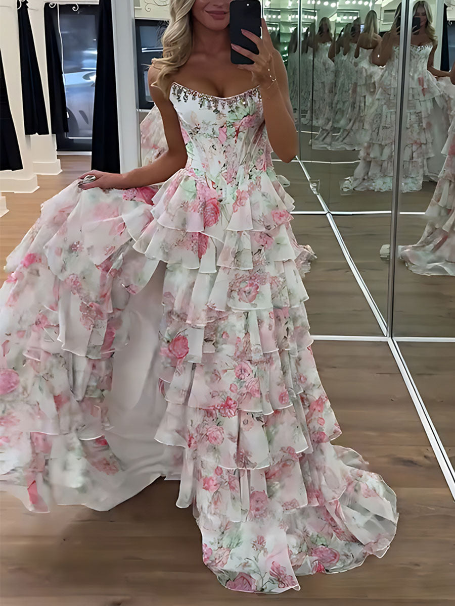 Sparkly Blue Floral Corset Ruffled Long Prom Dress with Slit