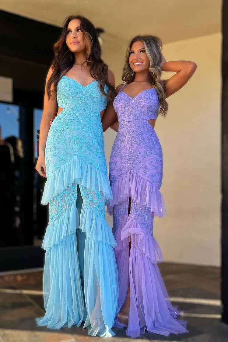 Sparkly Purple Mermaid Spaghetti Straps Long Tiered Prom Dress With Slit