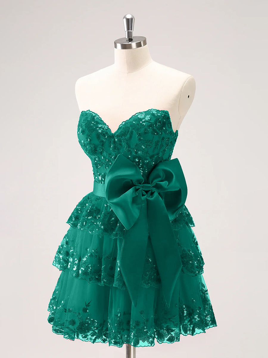 Sparkly A Line Sweetheart Corset Tiered Ruffle Homecoming Dress with Bows