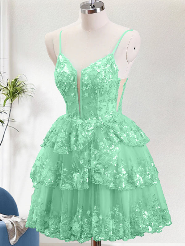 Sparkly A Line Spaghetti Straps Corset Tiered Short Homecoming Dress