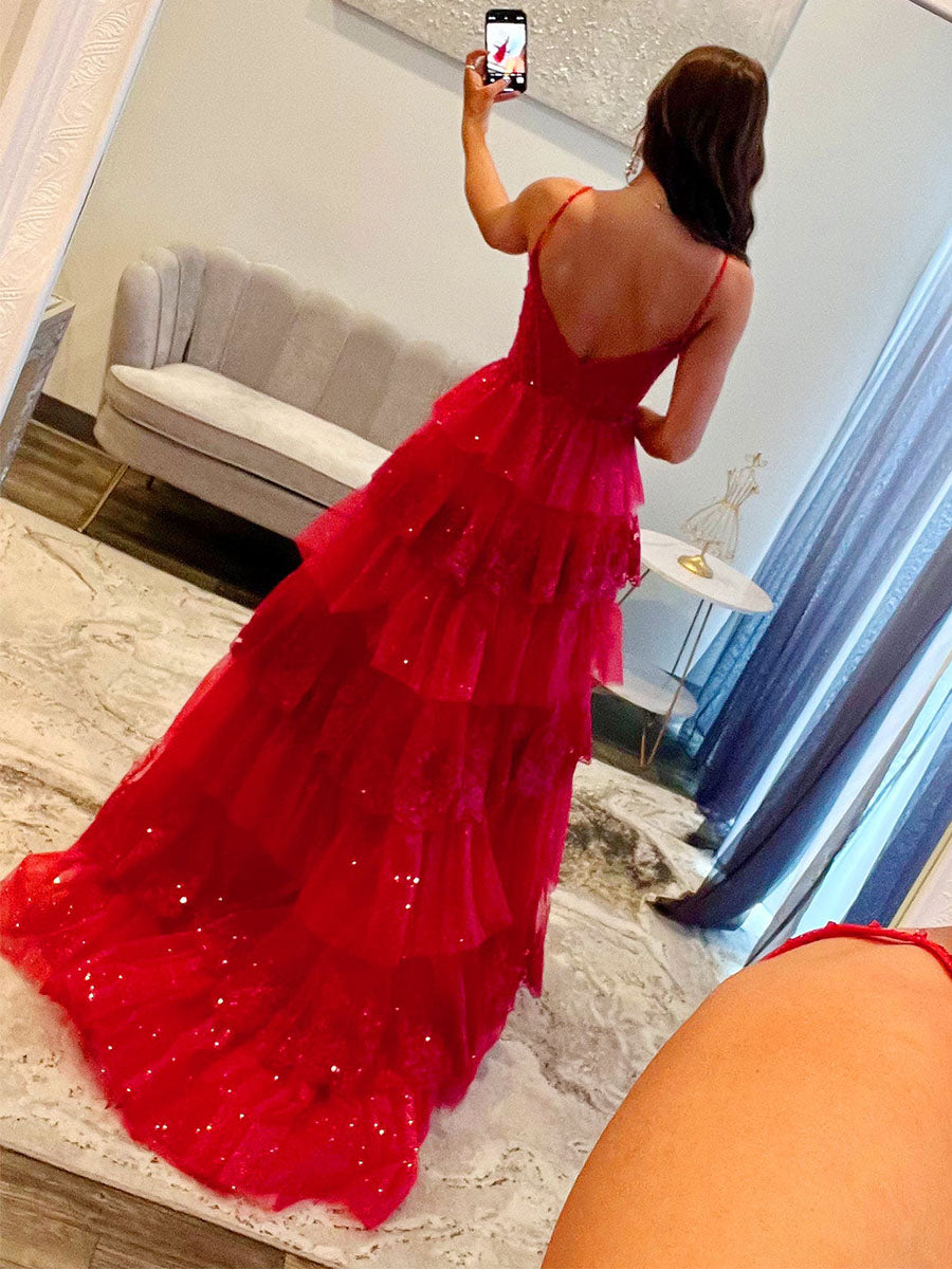 Sparkly Lace Embroidery Tiered Long Prom Dress with Slit