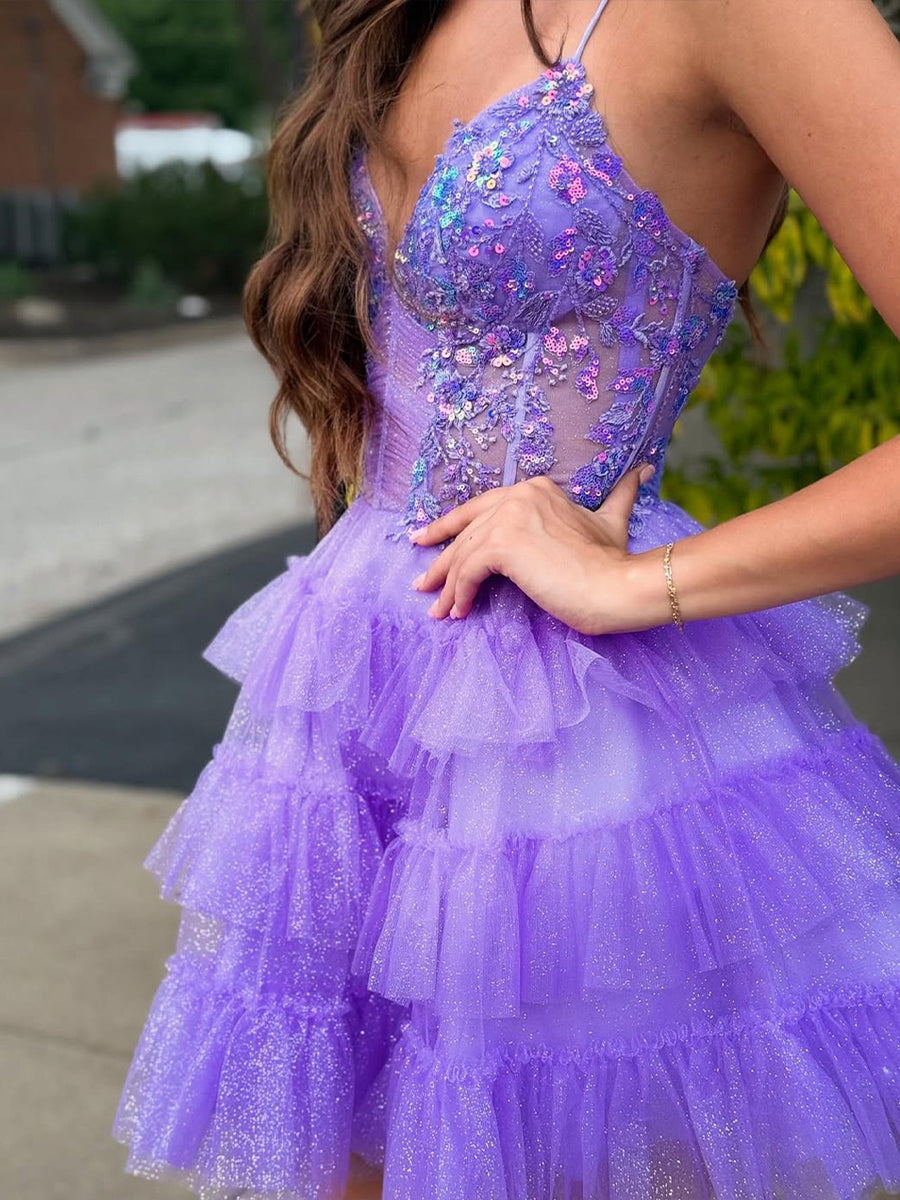 Sparkly Ruffled Short Corset Homecoming Dress with Sequins