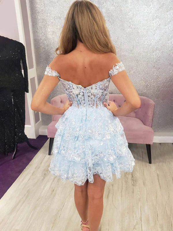 Sparkly A Line Off the Shoulder Homecoming Dress with Ruffles