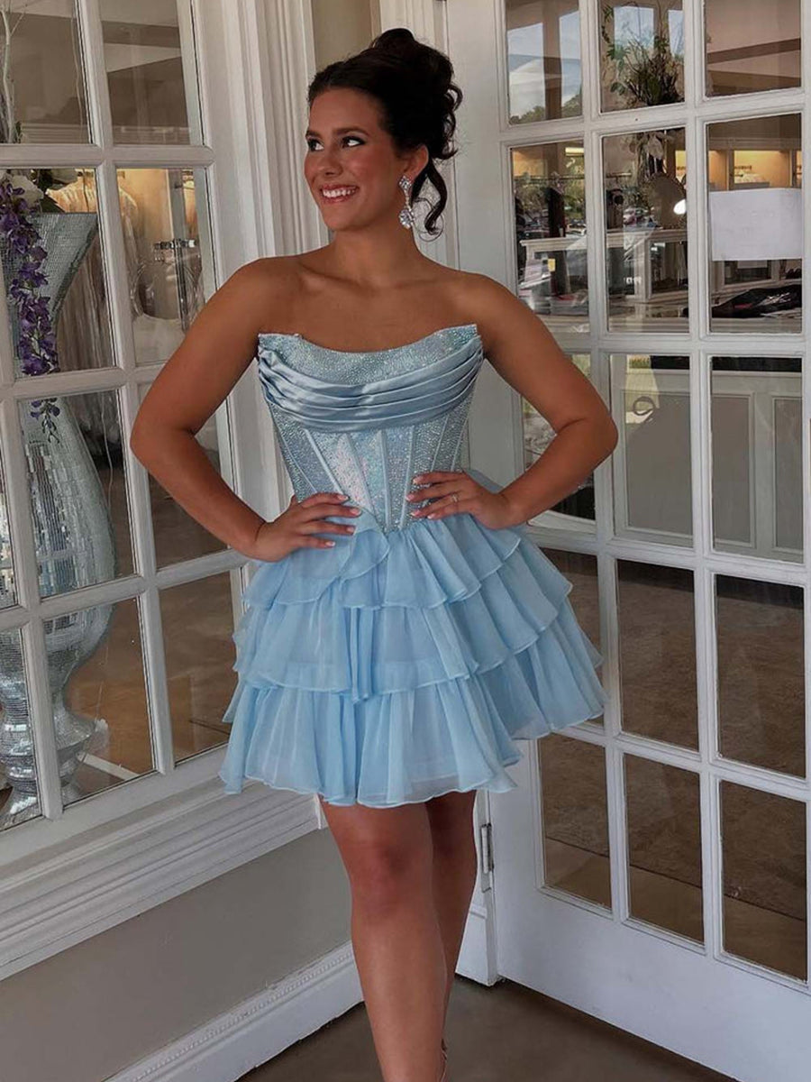 Sparkly Corset A Line Short Beaded Homecoming Dress with Ruffles