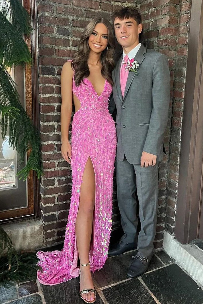 Fashionable Mermaid V Neck Black Sequins Long Prom Dress with Split Front