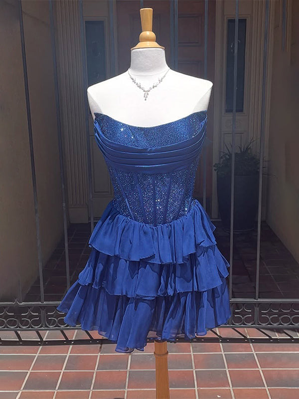 Sparkly Navy Corset A Line Short Beaded Homecoming Dress with Ruffles