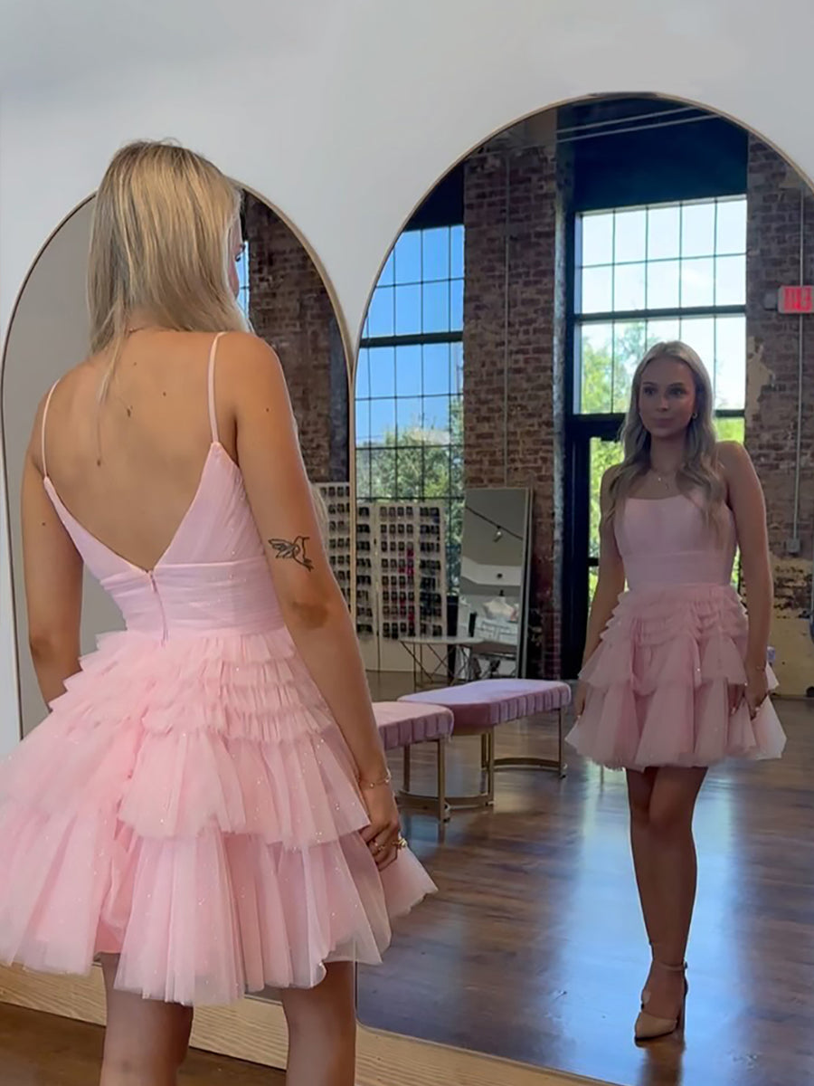 Sparkly A Line Short Tulle Homecoming Dress with Ruffles