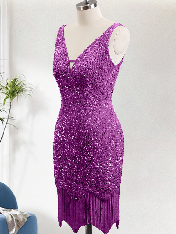 Sparkly Bodycon V Neck Sequin Mini Dress with Tassel