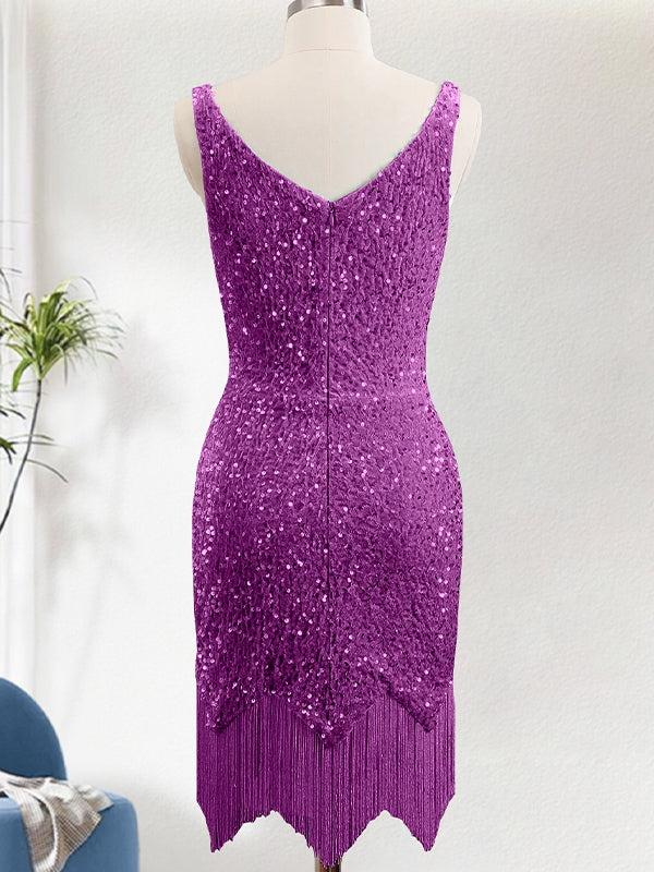 Sparkly Bodycon V Neck Sequin Mini Dress with Tassel