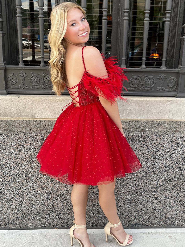 Sparkly A Line V Neck Tulle Short Homecoming Dress with Feather