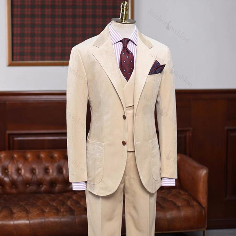 Special Light Khaki Notched Lapel 3 Piece Velvet Prom Suit