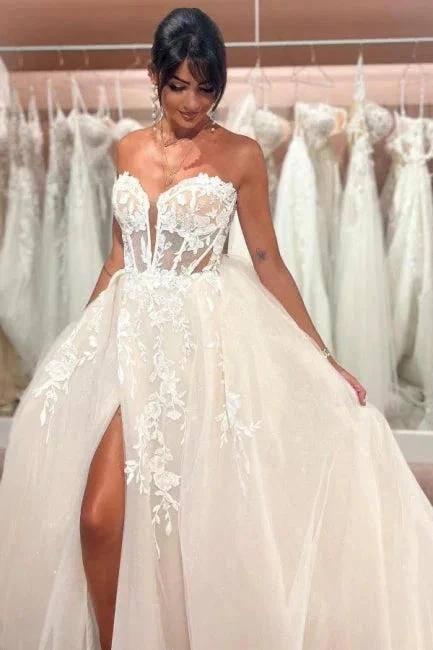 Split Front A-Line Tulle Lace Sweetheart Floor-Length Sleeveless Charming Wedding Dresses with Appliques (ZD15748)