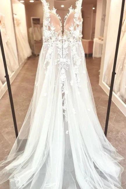 Split Front A-Line Tulle Sleeveless Spaghetti Straps Sweetheart Wedding Dresses with Appliques (ZD15741)