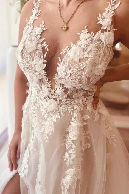 Split Front A-Line Tulle Sleeveless Spaghetti Straps Sweetheart Wedding Dresses with Appliques (ZD15741)
