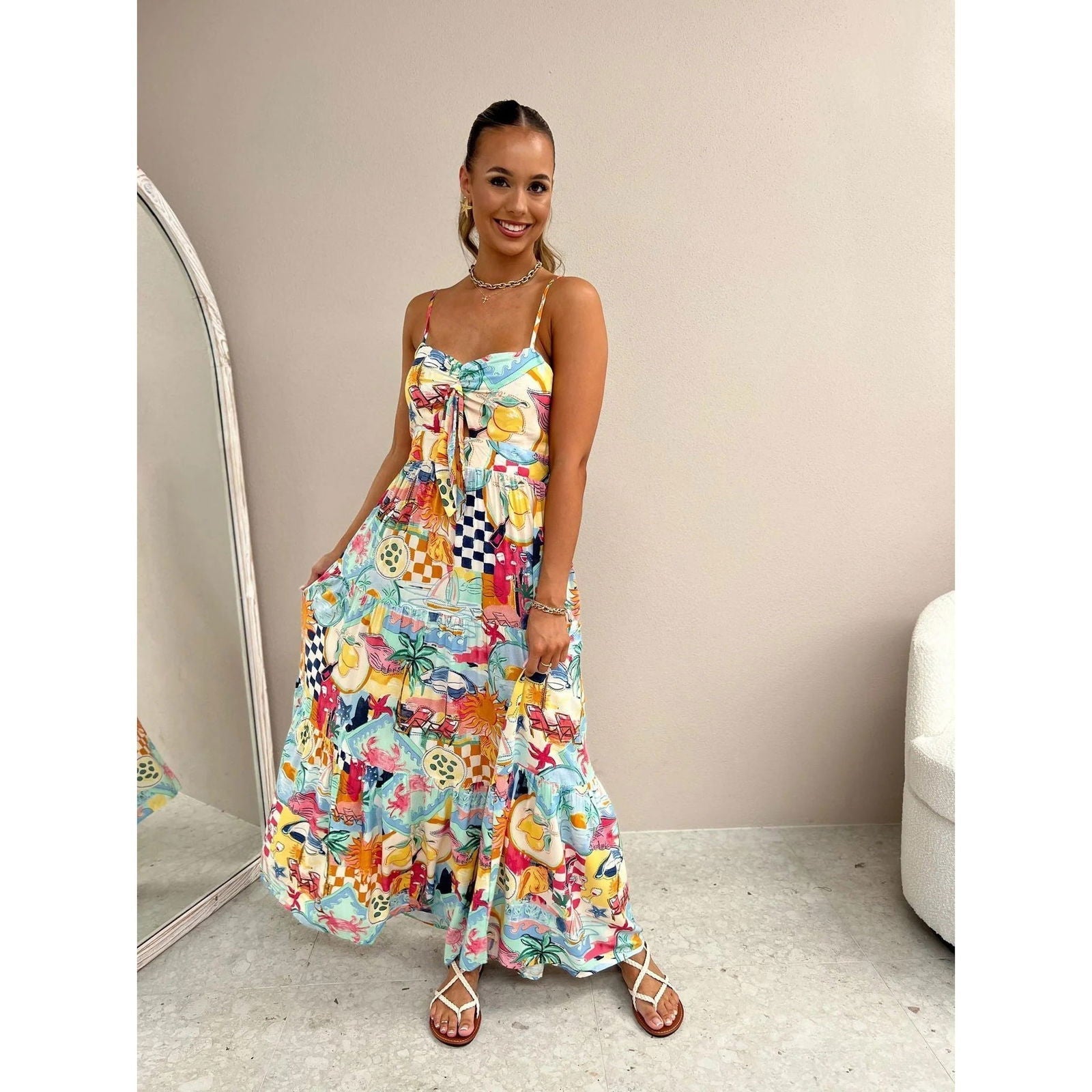 Suspender Printing Dress Loose Vacation Casual Rubber BDress