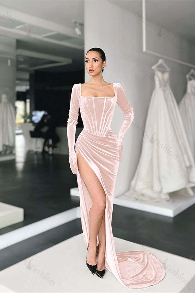 Square Neck Velvet Prom Dress Long Sleeve Evening Formal Dress With Split