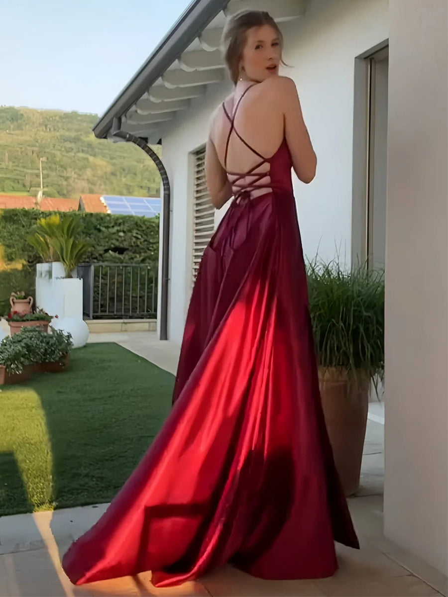 Square Neck Burgundy A-Line Long Prom Dress with Slit