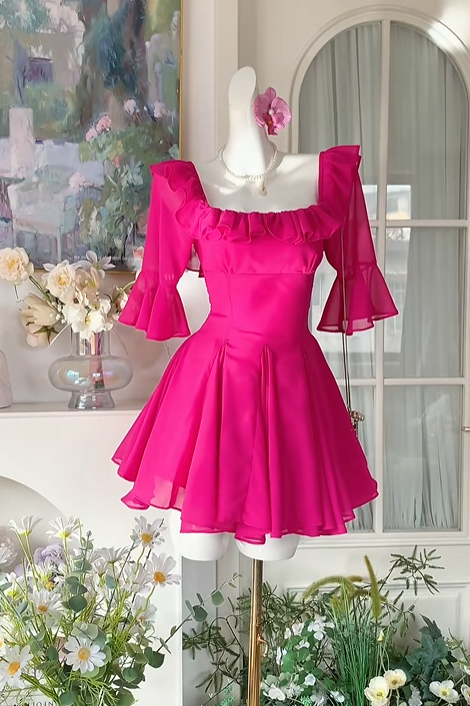 Square Neck Pink Chiffon Modest Homecoming Dress With Mid Sleeves