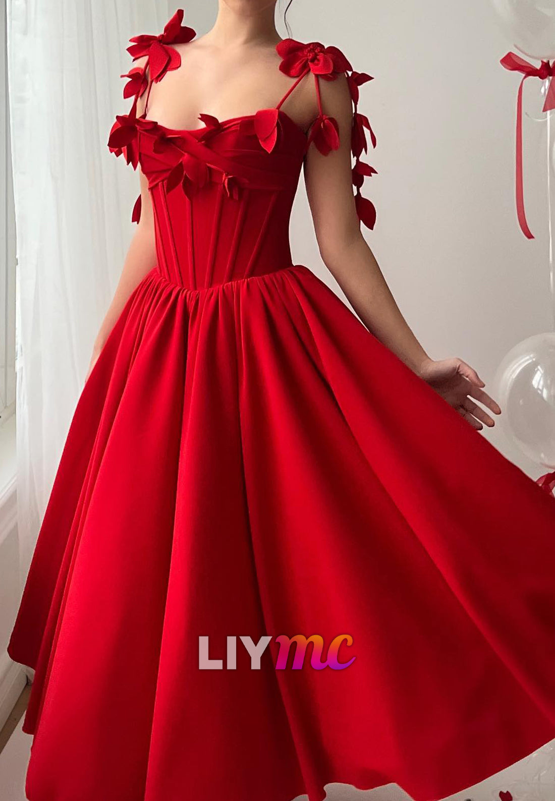 Square Spaghetti Straps Pleated Satin Prom Dress A-Line Party Dress