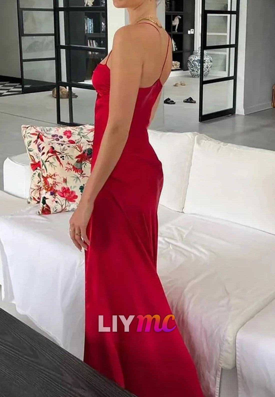 Square Spaghetti Straps Sleek Silk Side Slit Party Dress Sheath Casual Dress