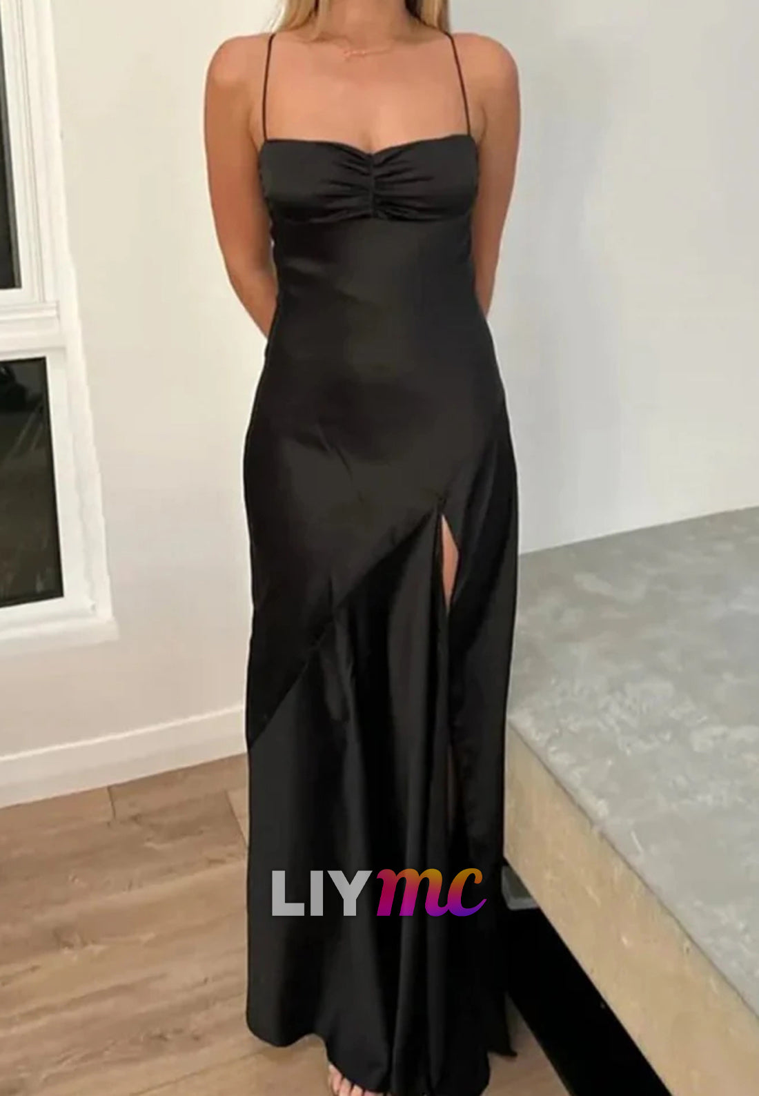 Square Spaghetti Straps Sleek Silk Side Slit Party Dress Sheath Casual Dress