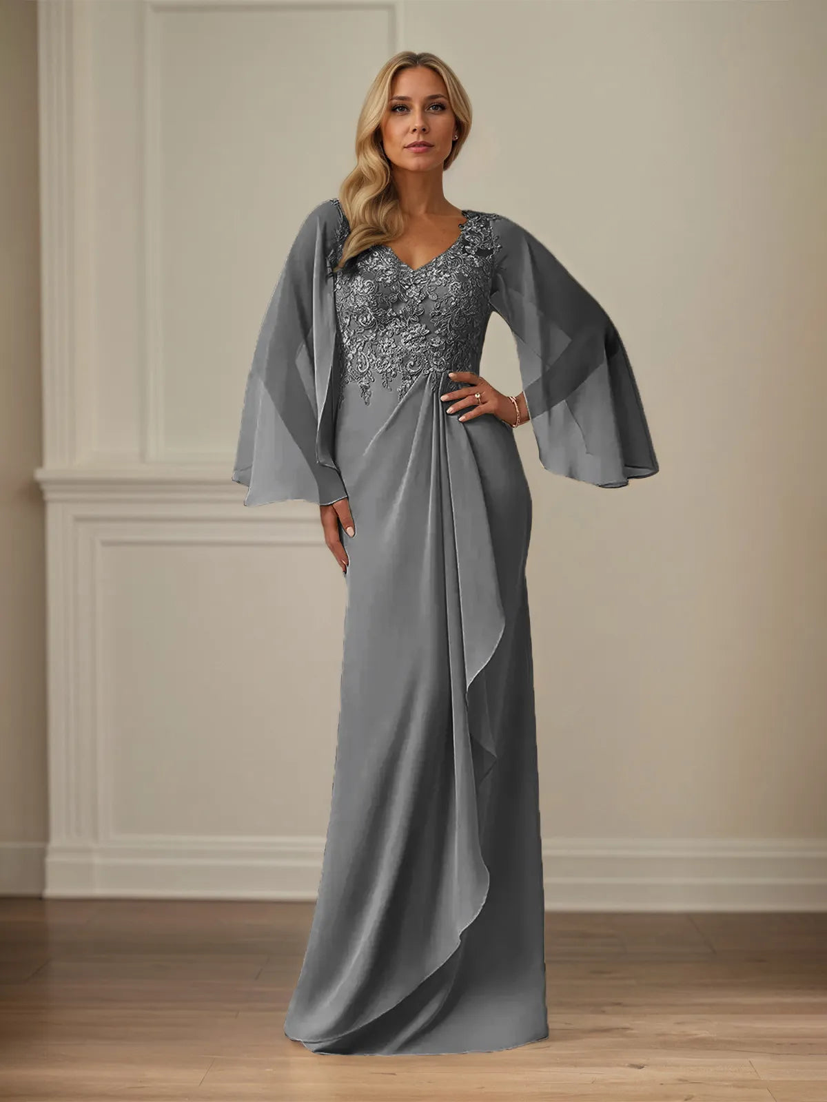Sheath/Column Chiffon V Neck Long Sleeves Floor Length Mother of the Bride Dresses With Appliques