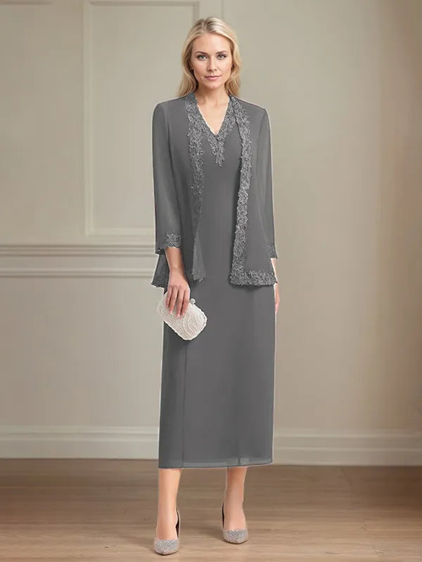 Sheath/Column Chiffon V Neck 3/4 Sleeves Tea Length Mother Of The Bride Dress