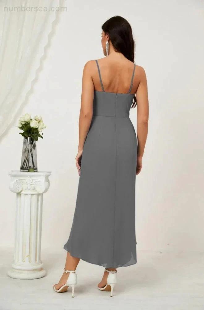 ZapDress Spaghetti Chiffon V Neck Bridesmaid Dress Mid-Length Slit Formal Prom Dress Homecoming Dress 2803 (ZD16952)