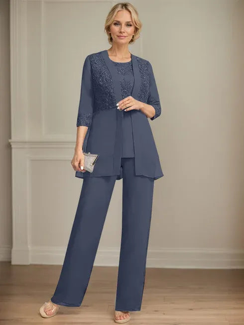 Jumpsuit/Pantsuit Separates Scoop Floor-Length Chiffon Lace Mother of the Bride Dress With Sequins