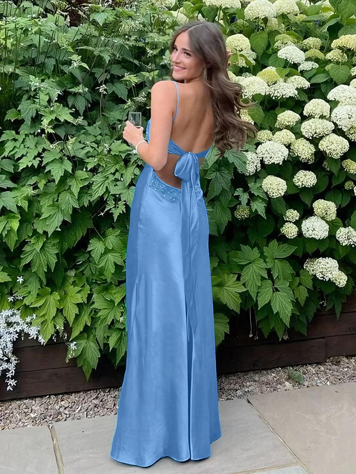 Blue A Line V-neck Beaded Back Tie Long Prom Dress