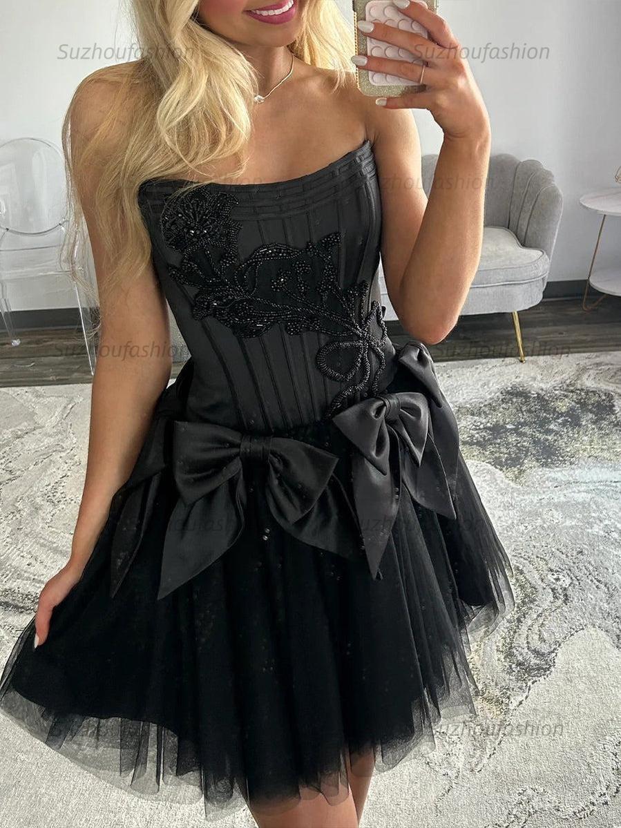 Suzhoufashion Strapless Beading Short Homecoming Dress with Waist Bow