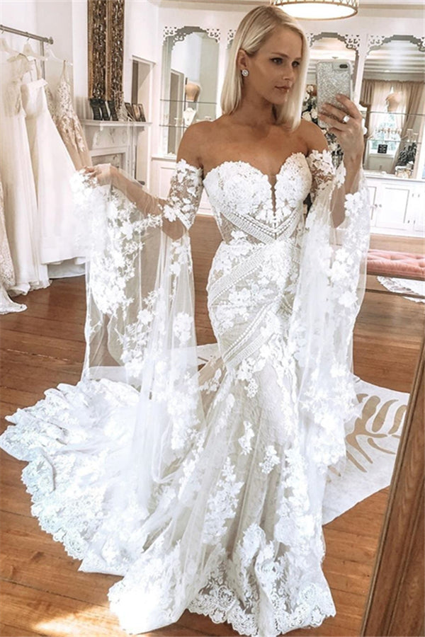 Strapless Lace Bell Sleeve Wedding Dresses | Mermaid Sexy Bridal Gowns Online