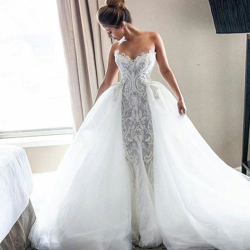 Strapless Sexy Lace Wedding Dresses  | Puffy Tulle Overskirt Bride Dresses
