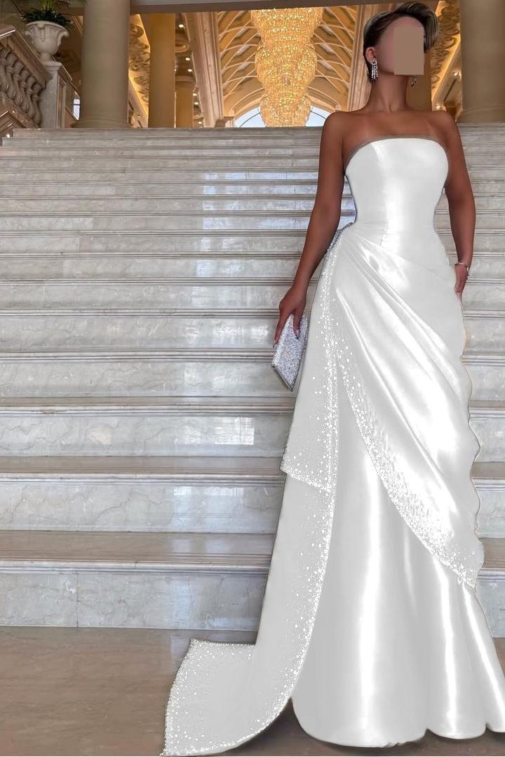 Strapless Sleeveless Long Evening Formal Dress With Pleated Beading